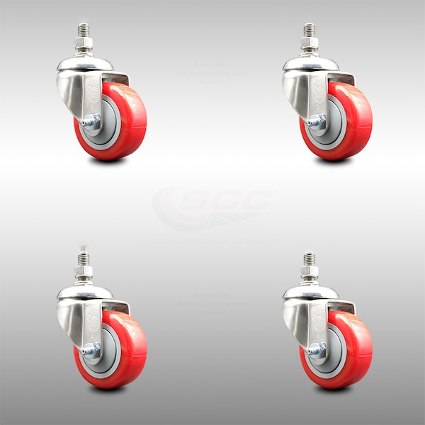 Service Caster 3 Inch 316SS Red Polyurethane Wheel Swivel 1/2 Inch Threaded Stem Caster Set SCC SCC-SS316TS20S314-PPUB-RED-121315-4 - main